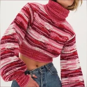For Love And Lemons Wilma Cropped Turtleneck Sweater, Red Multi Space Dye